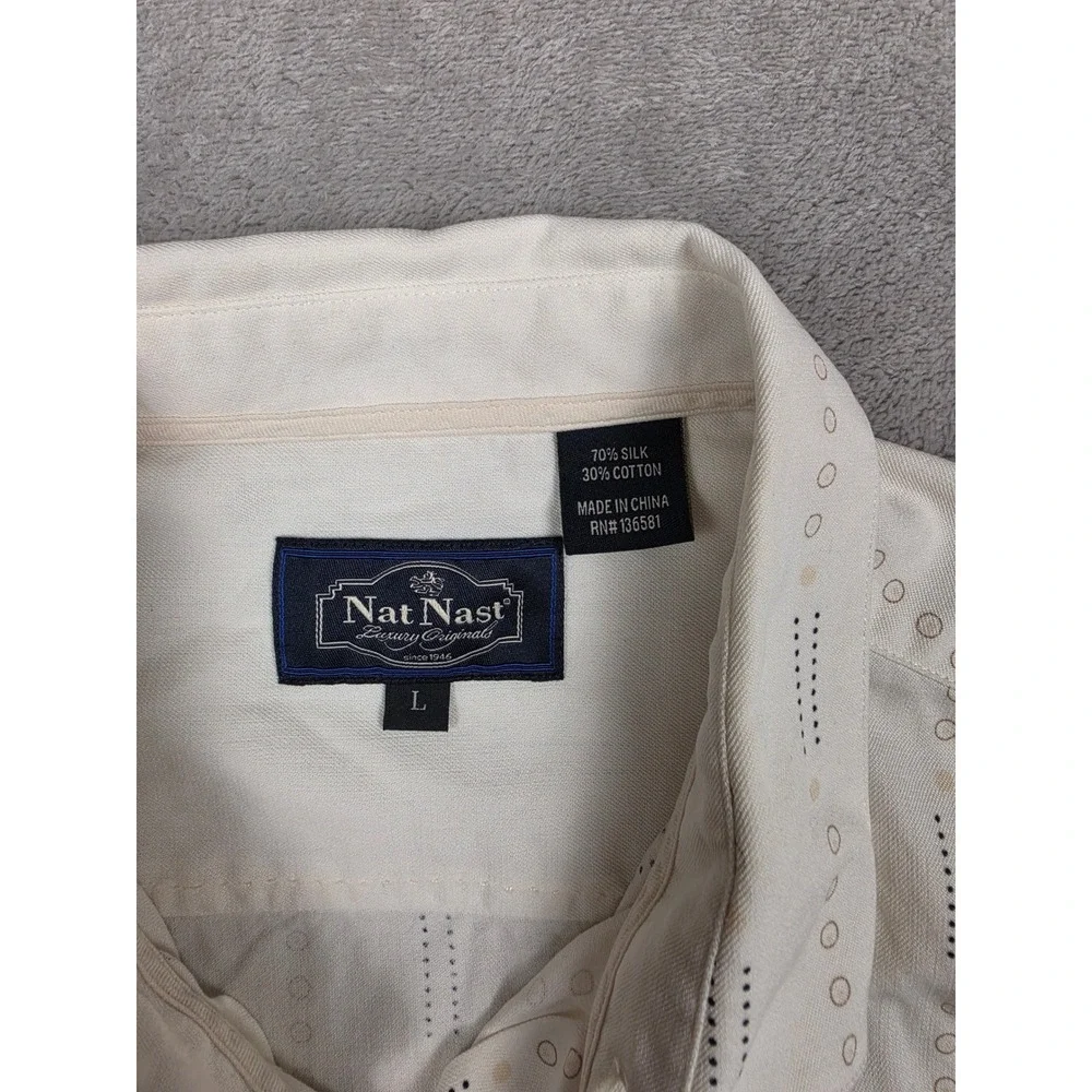 Nat Nast Button Up Shirt Mens Large Cream Silk Cotton Geometric Short Sleeve